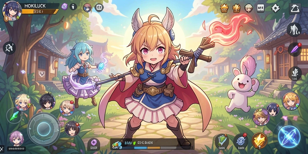 Screenshot utama HOKILUCK menampilkan karakter anime dalam pertarungan seru.