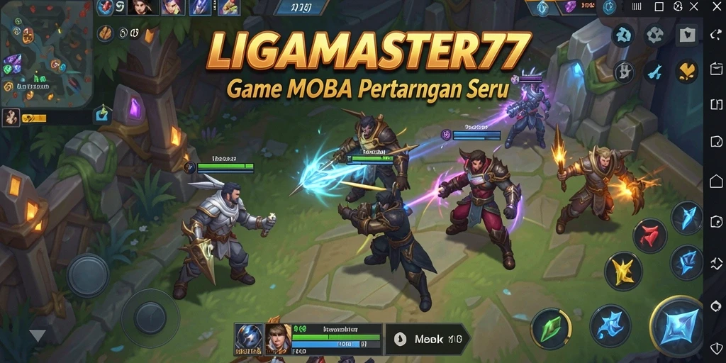 Screenshot utama LIGAMASTER77 menampilkan aksi seru dalam game MOBA.