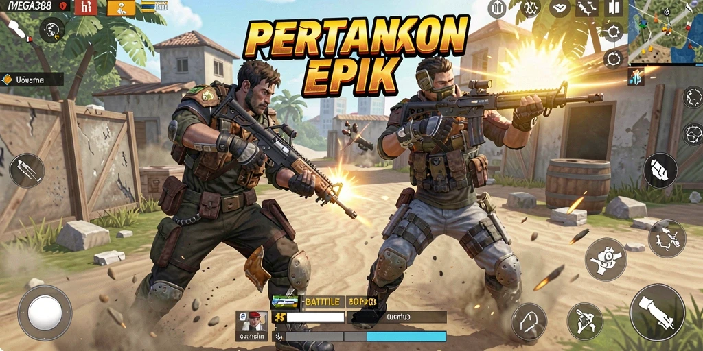 Screenshot utama menampilkan aksi intens dari gameplay Battle Royale.