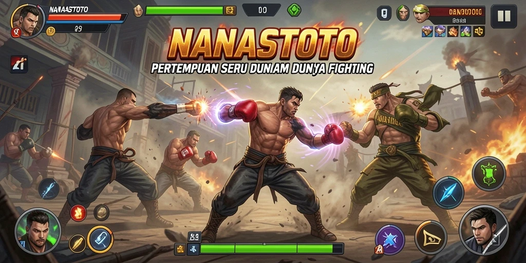 Gameplay dinamis NANASTOTO yang menampilkan aksi bertarung yang menarik.