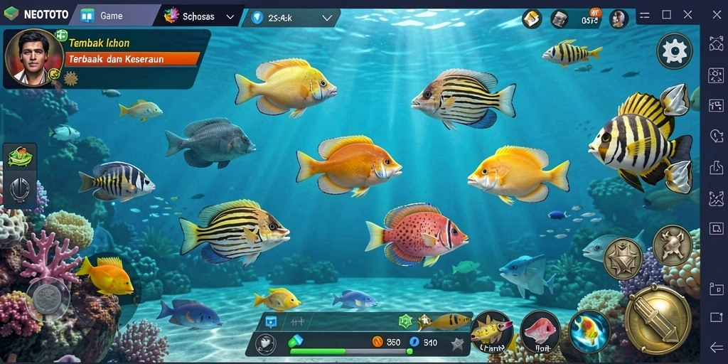 Tampilan gameplay menarik dari NEOTOTO saat menembak ikan.