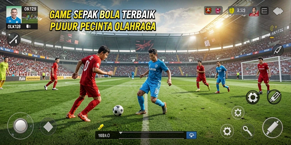 Tampilan gameplay OLX128 yang realistis dan mendebarkan dalam aksi sepak bola.