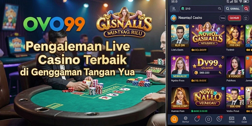 Screenshot gameplay OVO99 yang menunjukkan dealer langsung dalam suasana Live Casino.