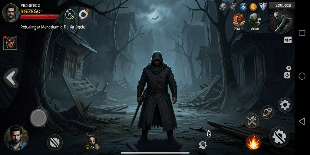 Tampilan gameplay mencekam di REZEGO dengan suasana gelap.
