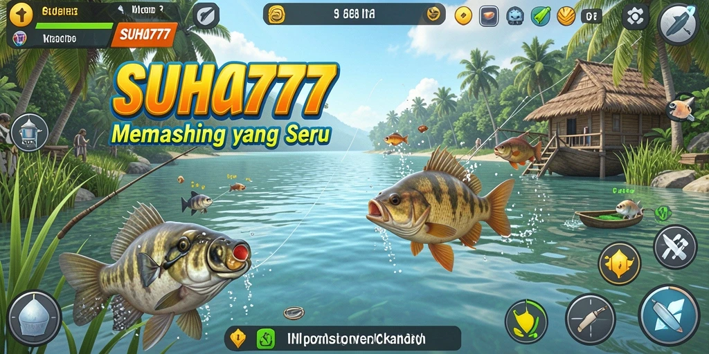 Screenshot utama SUHU777 menunjukkan pemain sedang memancing di lokasi yang indah.